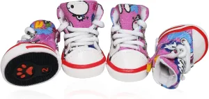 Pet Dog Shoes, BESUNTEK 4Pcs Puppy Canvas Sport Sneaker Boots for Outdoor Walking and Sports, Non-Slip Paw Protective Cover with Graffiti Design for Hot Pavement and Casual (Pink, #3)