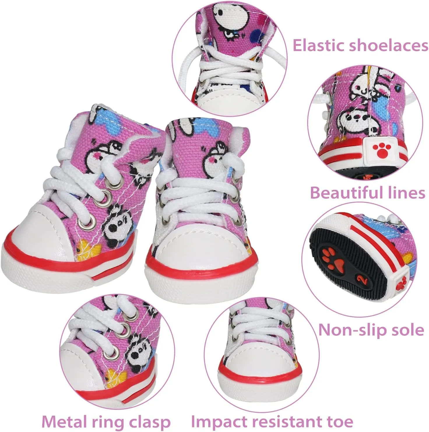 Pet Dog Shoes, BESUNTEK 4Pcs Puppy Canvas Sport Sneaker Boots for Outdoor Walking and Sports, Non-Slip Paw Protective Cover with Graffiti Design for Hot Pavement and Casual (Pink, #3)