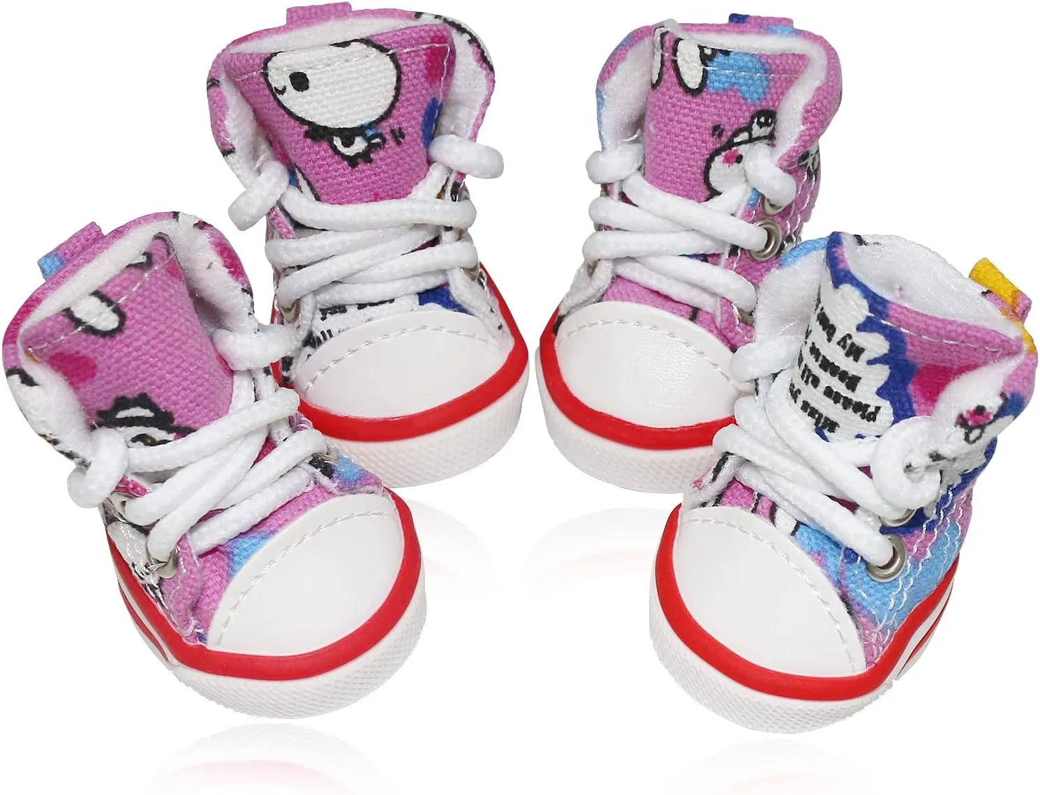 Pet Dog Shoes, BESUNTEK 4Pcs Puppy Canvas Sport Sneaker Boots for Outdoor Walking and Sports, Non-Slip Paw Protective Cover with Graffiti Design for Hot Pavement and Casual (Pink, #3)