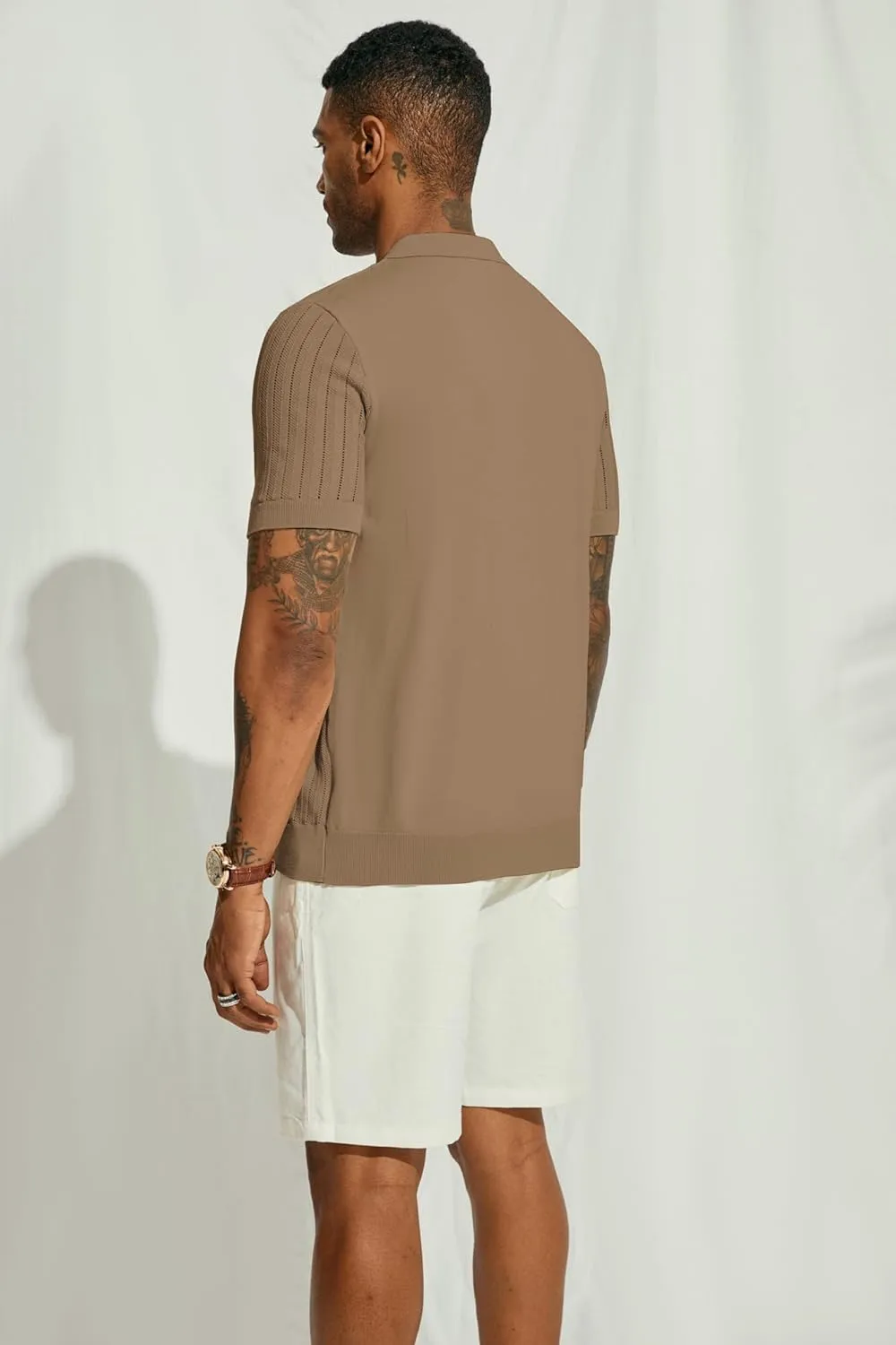 PJ PAUL JONES Mens Knit Shirt Short Sleeve Summer Hollow Out Shirt Beach Button Down Shirt