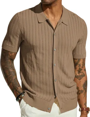 PJ PAUL JONES Mens Knit Shirt Short Sleeve Summer Hollow Out Shirt Beach Button Down Shirt