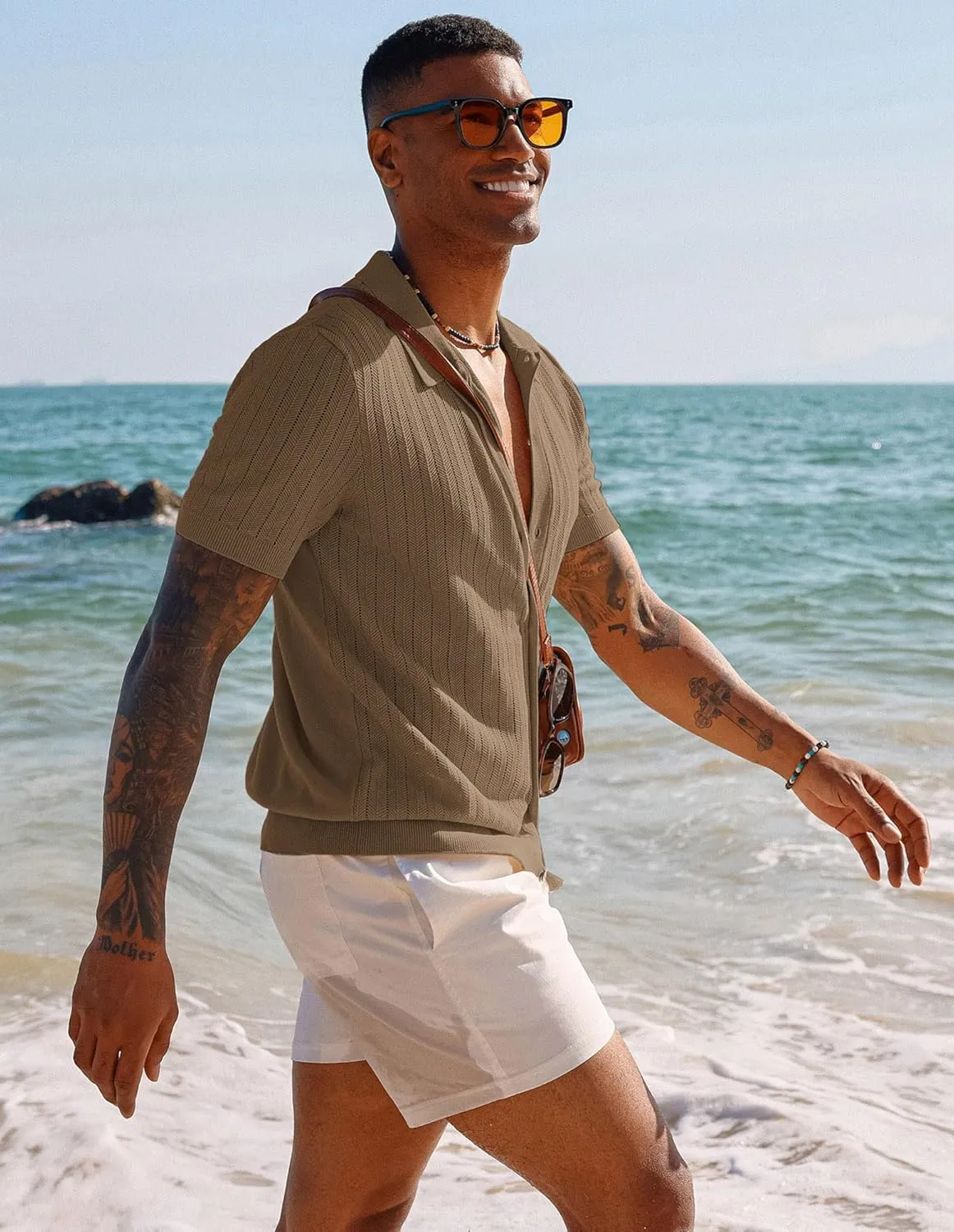 PJ PAUL JONES Mens Knit Shirt Short Sleeve Summer Hollow Out Shirt Beach Button Down Shirt