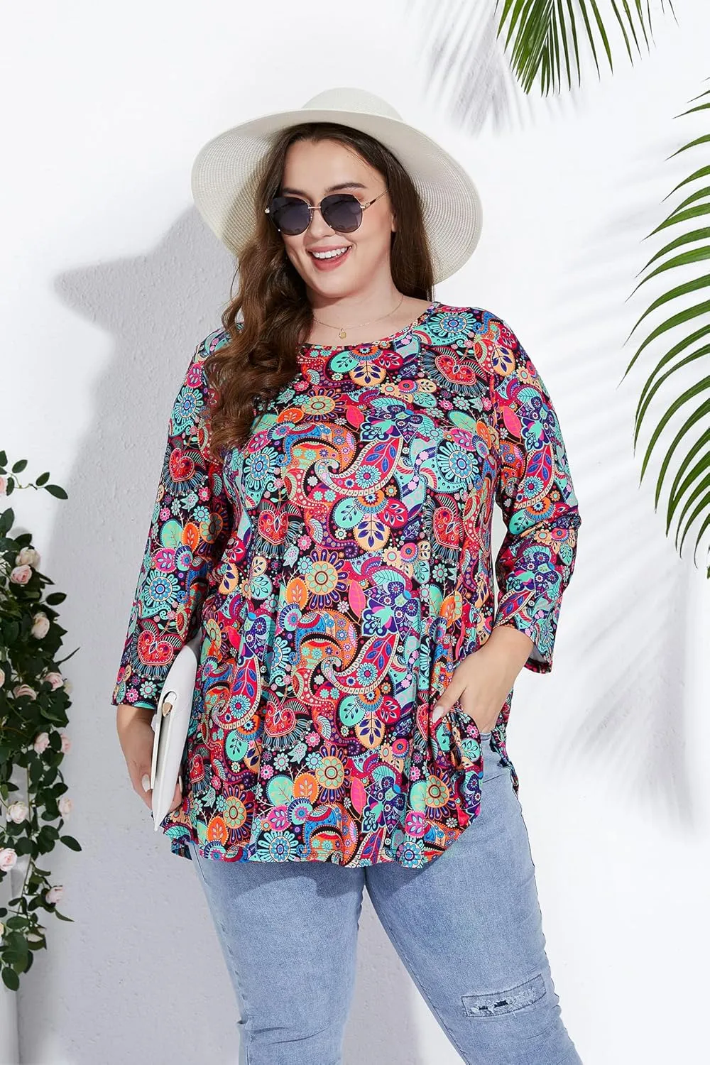 Plus Size Tunic Tops for Women 3/4 Sleeve Loose Fit Swing Tunics Dressy Casual Floral Top to Wear with Leggings