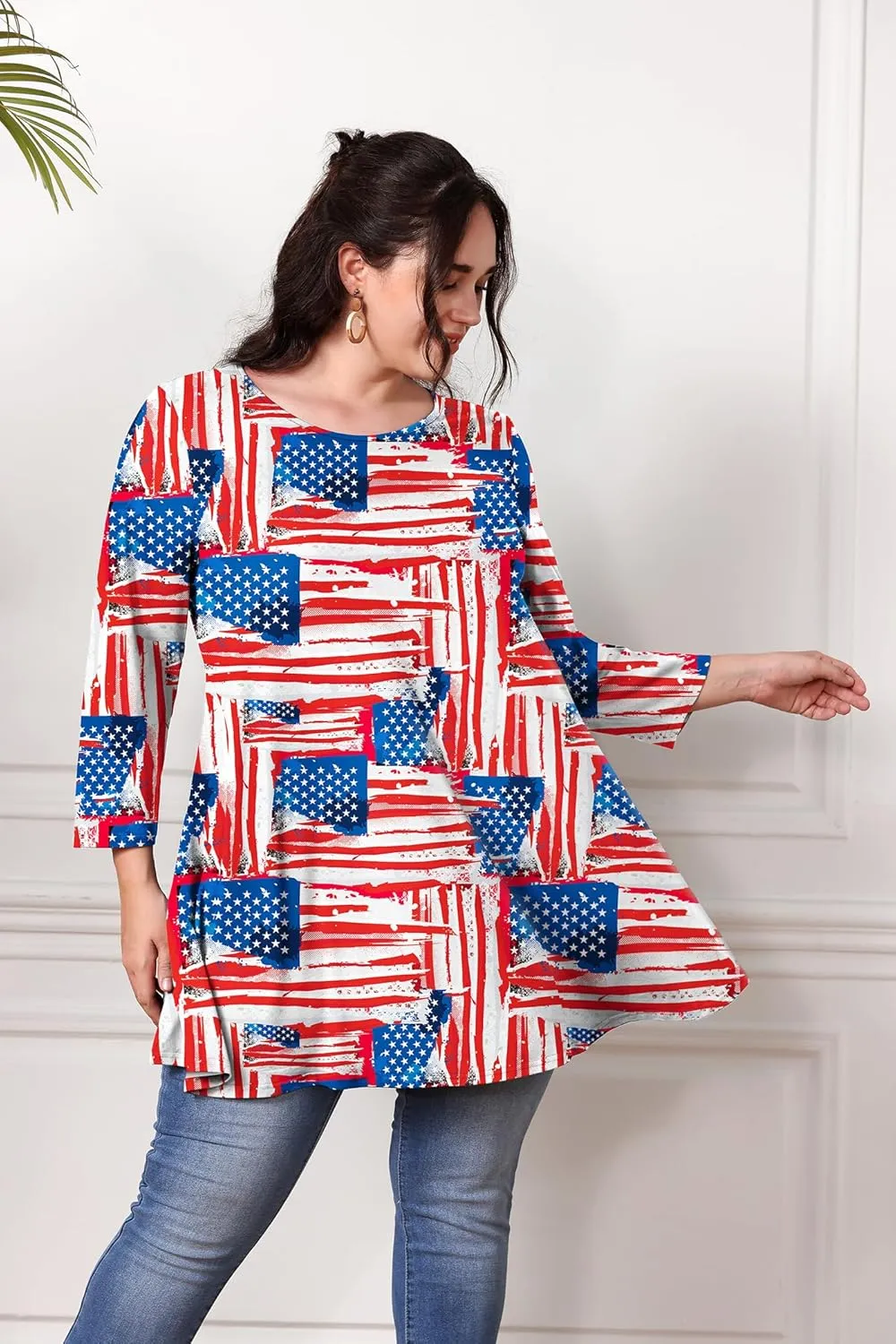 Plus Size Tunic Tops for Women 3/4 Sleeve Loose Fit Swing Tunics Dressy Casual Floral Top to Wear with Leggings