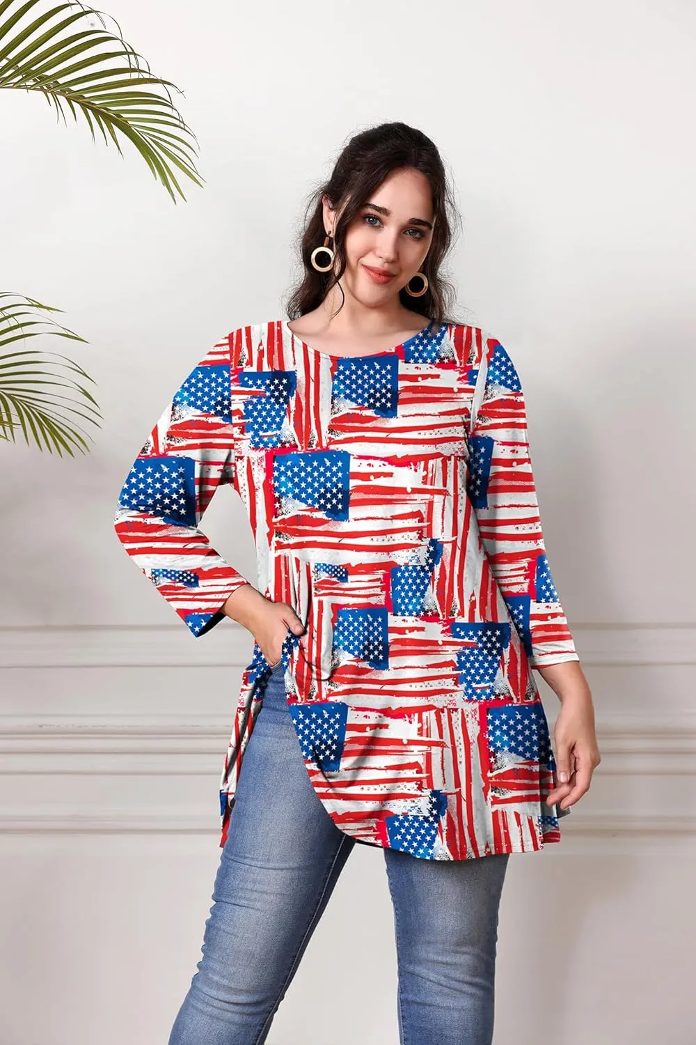 Plus Size Tunic Tops for Women 3/4 Sleeve Loose Fit Swing Tunics Dressy Casual Floral Top to Wear with Leggings
