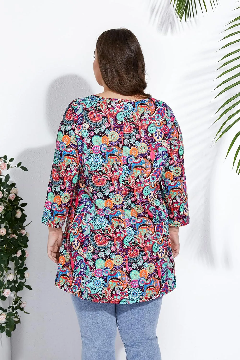 Plus Size Tunic Tops for Women 3/4 Sleeve Loose Fit Swing Tunics Dressy Casual Floral Top to Wear with Leggings