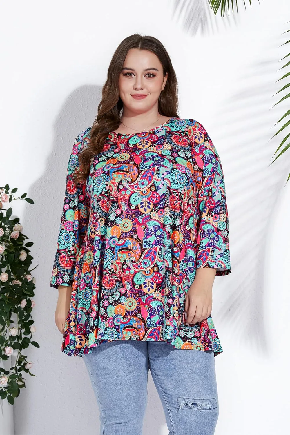Plus Size Tunic Tops for Women 3/4 Sleeve Loose Fit Swing Tunics Dressy Casual Floral Top to Wear with Leggings