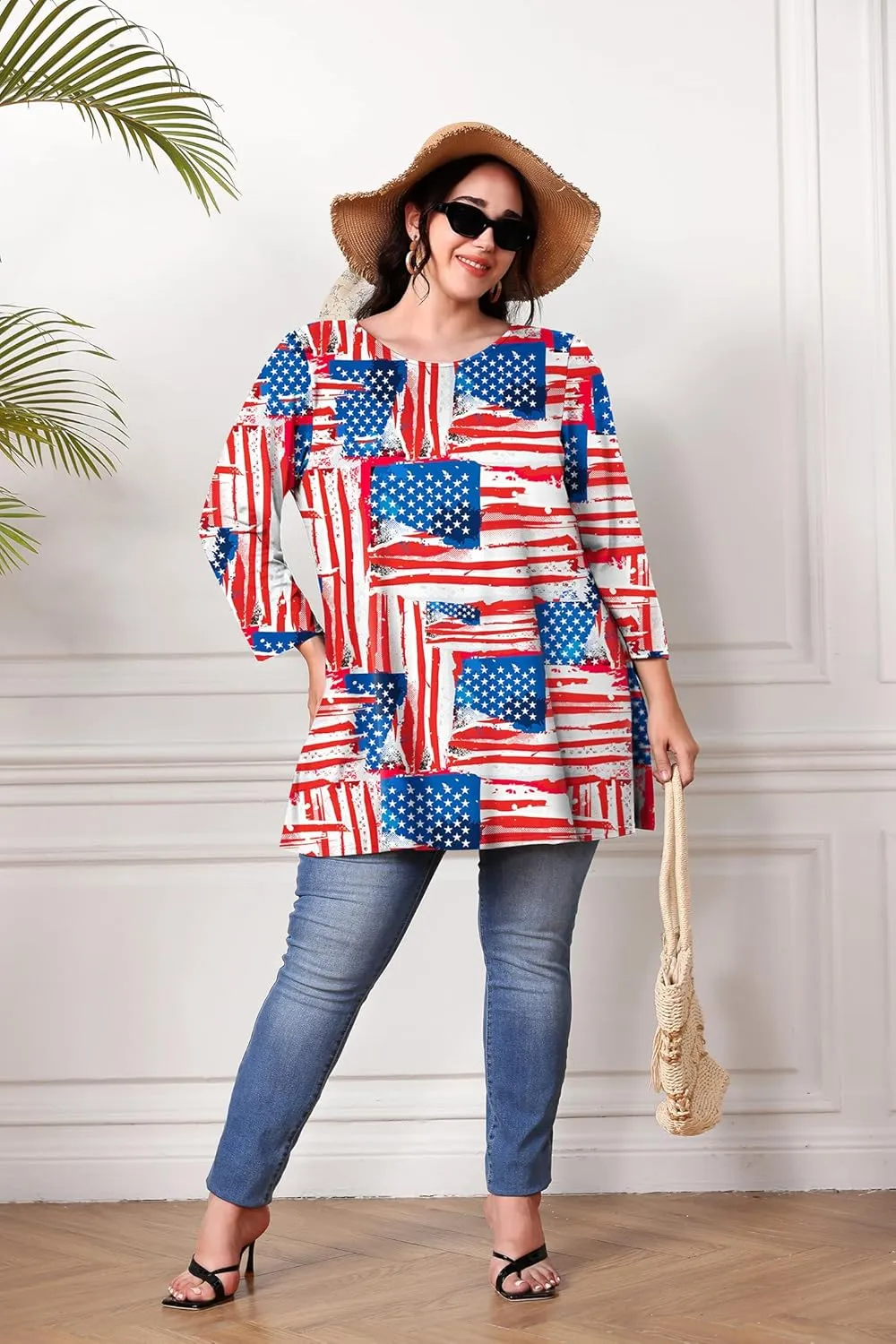 Plus Size Tunic Tops for Women 3/4 Sleeve Loose Fit Swing Tunics Dressy Casual Floral Top to Wear with Leggings