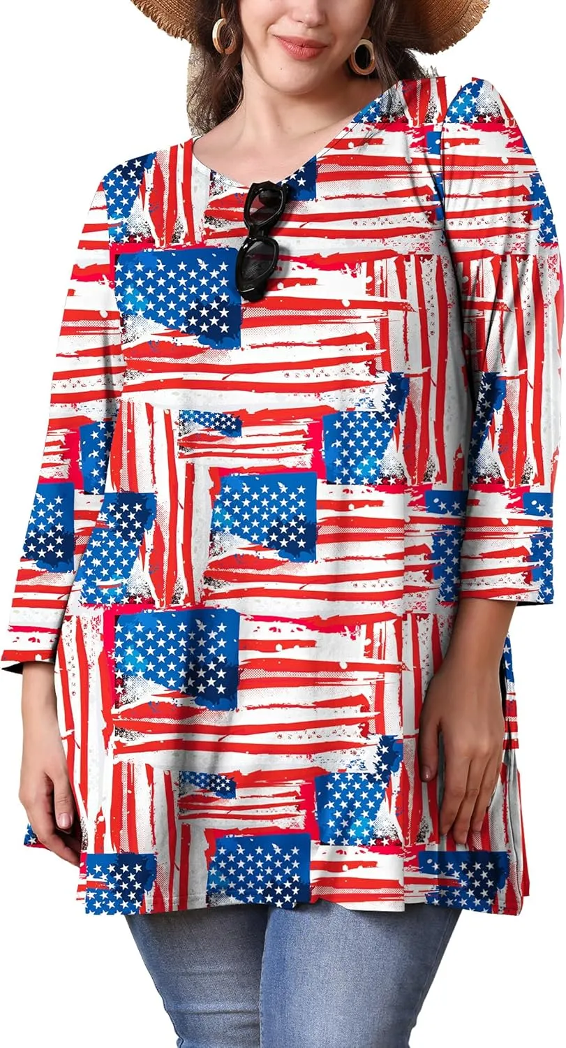 Plus Size Tunic Tops for Women 3/4 Sleeve Loose Fit Swing Tunics Dressy Casual Floral Top to Wear with Leggings