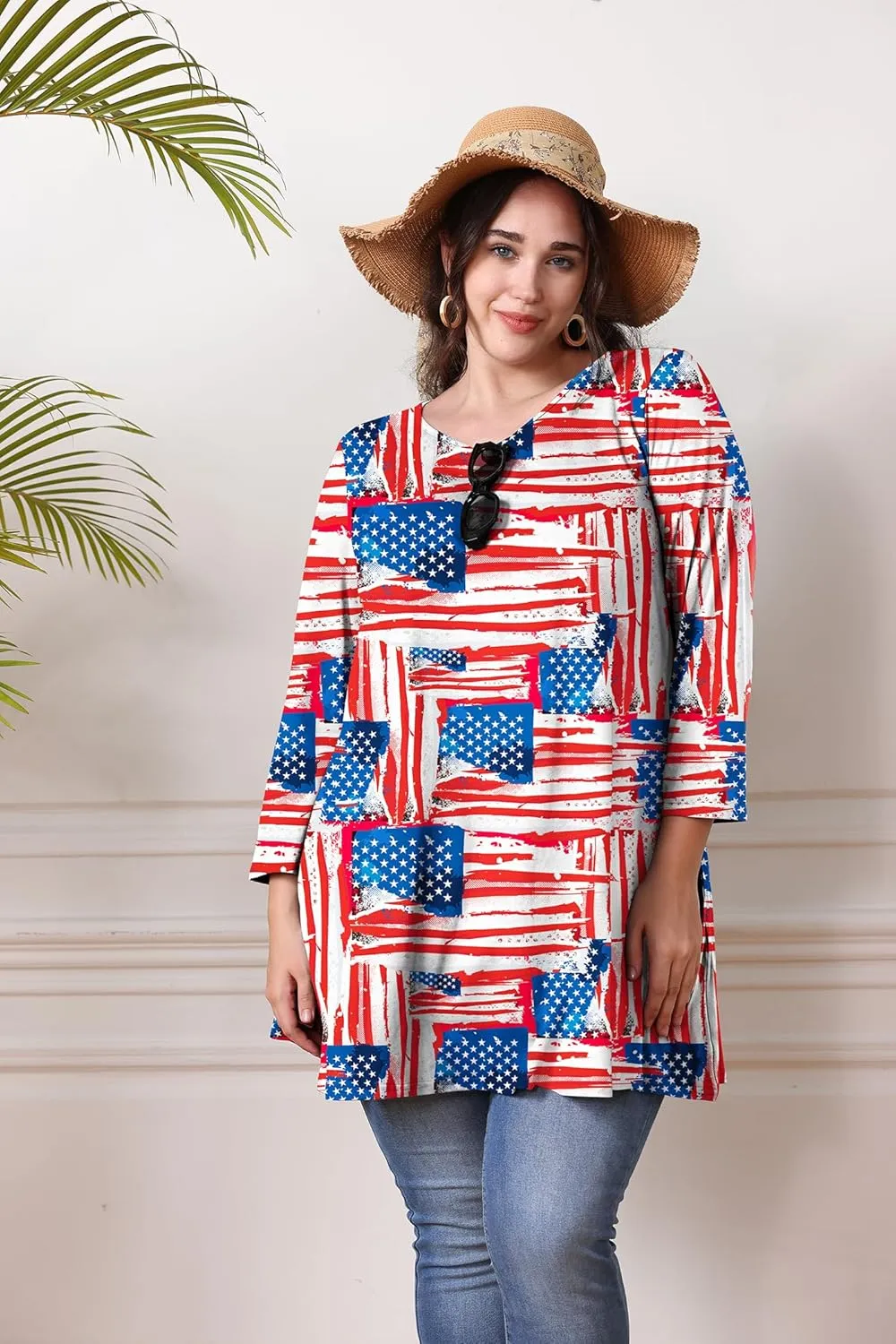 Plus Size Tunic Tops for Women 3/4 Sleeve Loose Fit Swing Tunics Dressy Casual Floral Top to Wear with Leggings