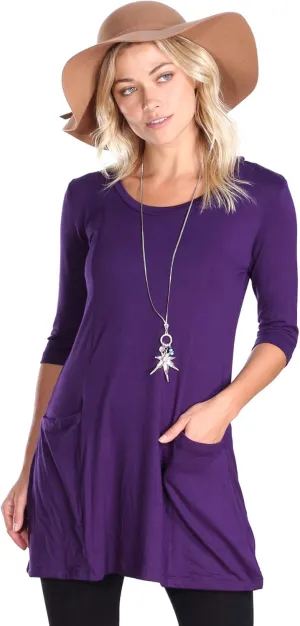Popana Womens 3/4 Sleeve Tunic Top with Pockets - Made in USA Long Shirts to Wear with Leggings - Tunic Pullover for Women