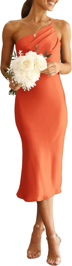 PRETTYGARDEN Women's 2025 Summer Midi Satin Dress One Shoulder Spaghetti Strap Backless Ruched Bodycon Dresses