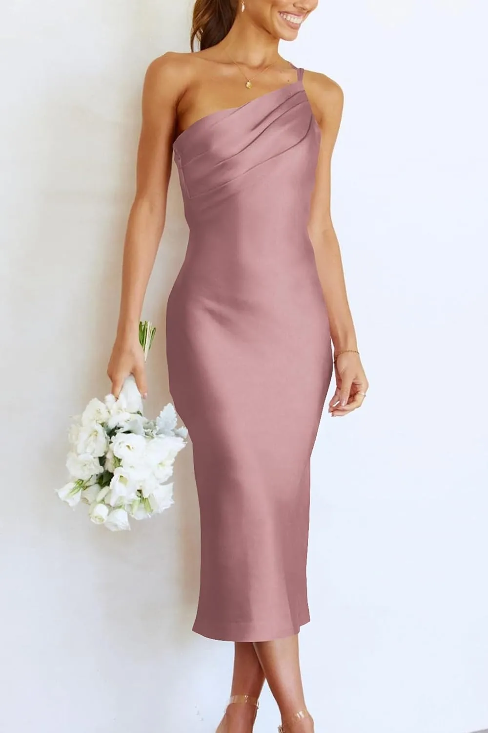 PRETTYGARDEN Women's 2025 Summer Midi Satin Dress One Shoulder Spaghetti Strap Backless Ruched Bodycon Dresses