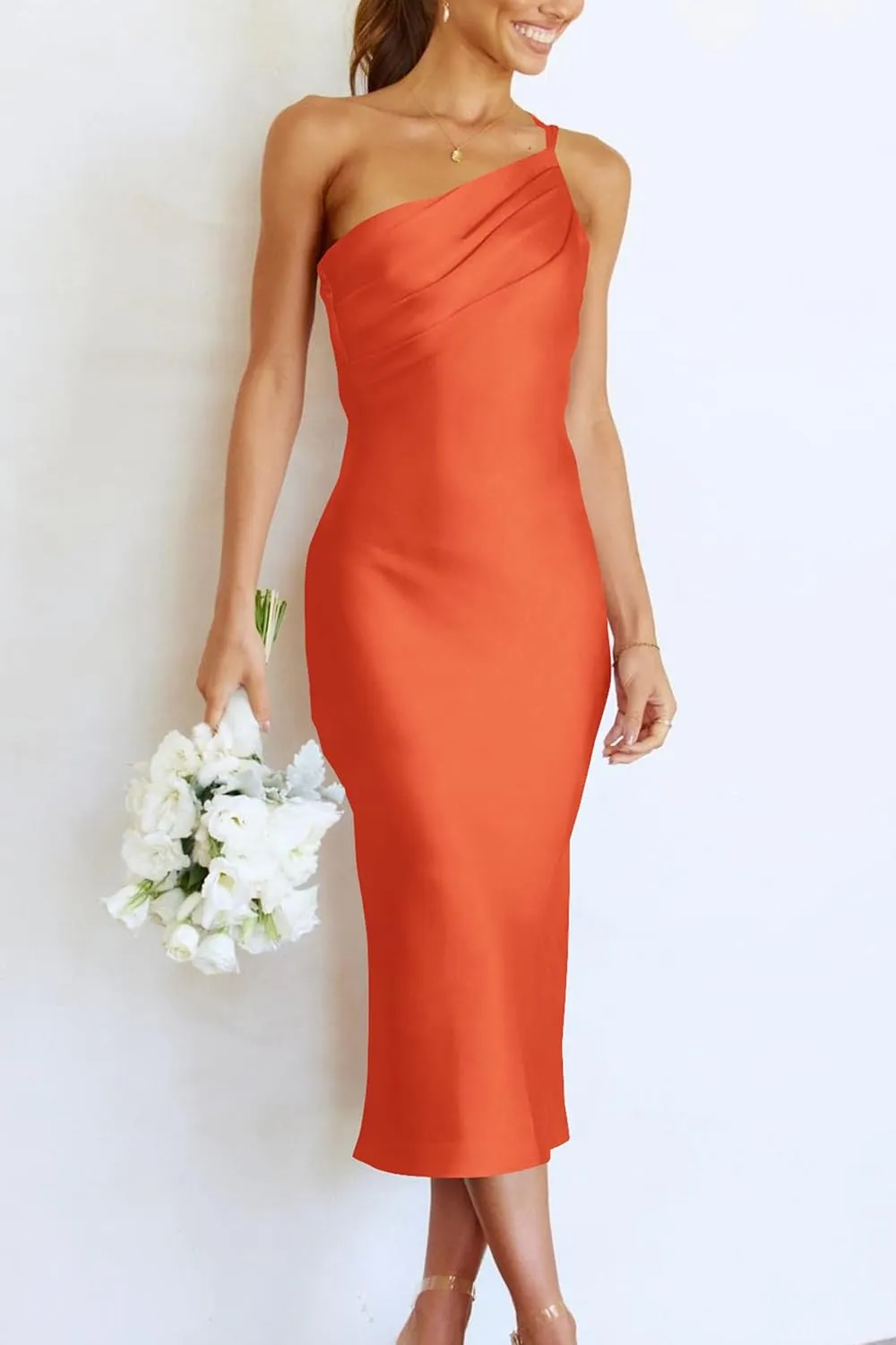 PRETTYGARDEN Women's 2025 Summer Midi Satin Dress One Shoulder Spaghetti Strap Backless Ruched Bodycon Dresses