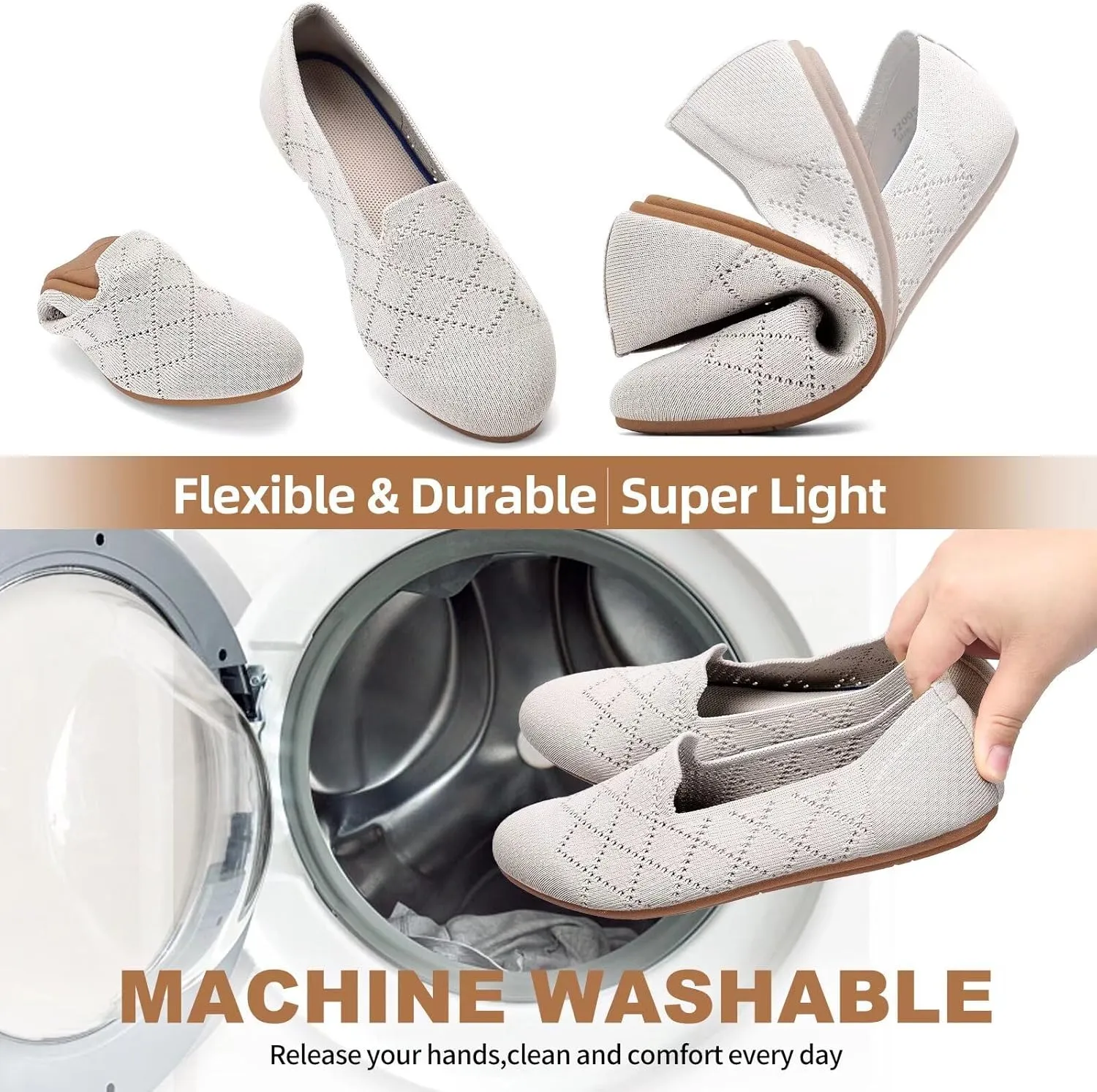 Puxowe Ballet Flats for Women - Stretch Knit Slip-On Low Wedge Shoes, Soft Round Toe Design for Office, Travel & Daily Walking