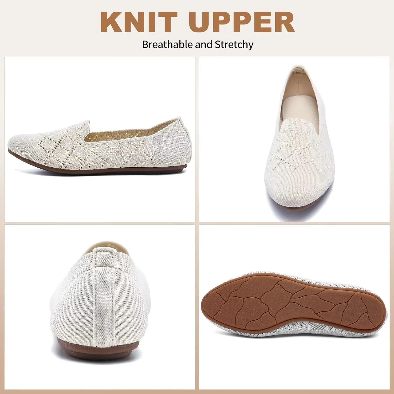 Puxowe Ballet Flats for Women - Stretch Knit Slip-On Low Wedge Shoes, Soft Round Toe Design for Office, Travel & Daily Walking