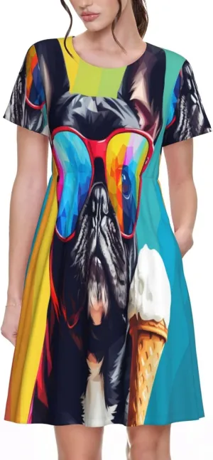 Rainbow Bulldog Sunglasses for Women's Casual Short Sleeve Dress with Pockets Dress for Summer,Travel,Lounging-