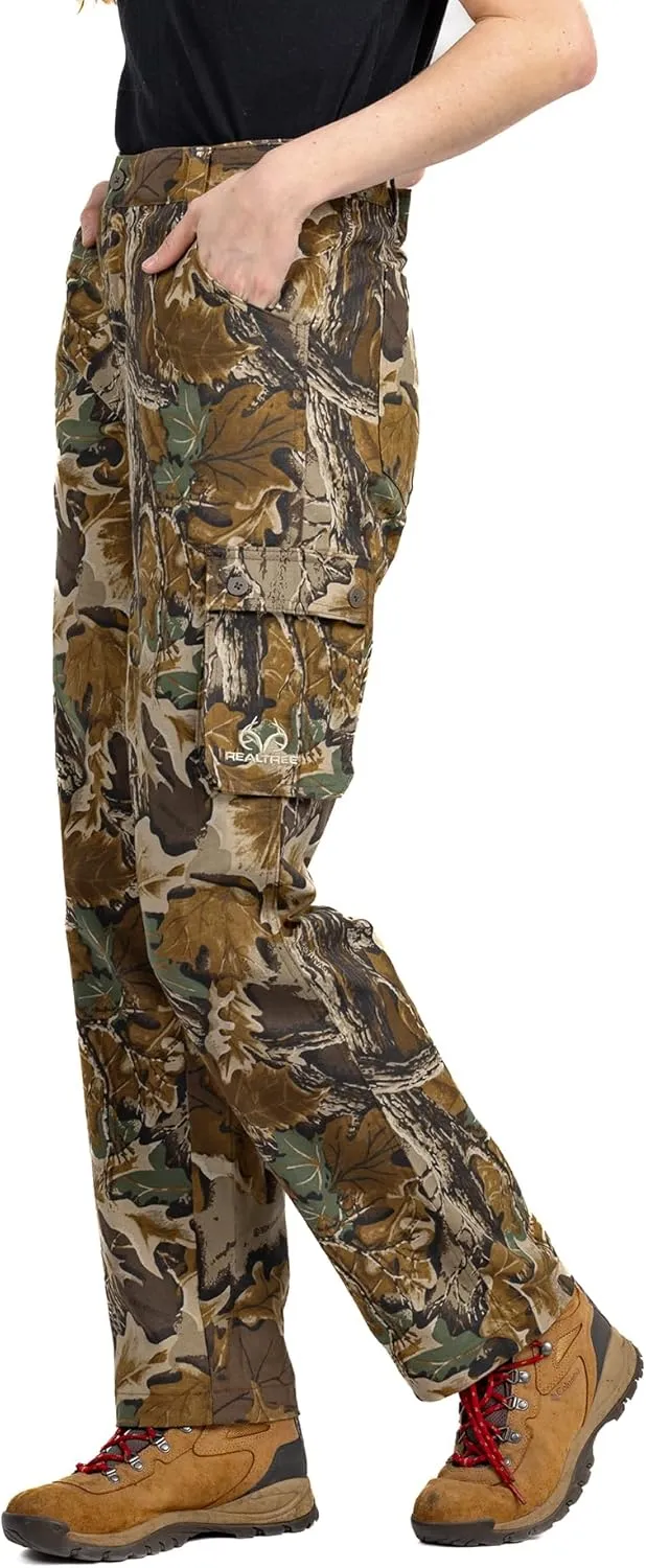 Realtree Camo Cargo Women's Pants- Pockets Lightweight Cotton Ripstop Zip-Off Pants for Hunting Hiking Camping Casual Wear