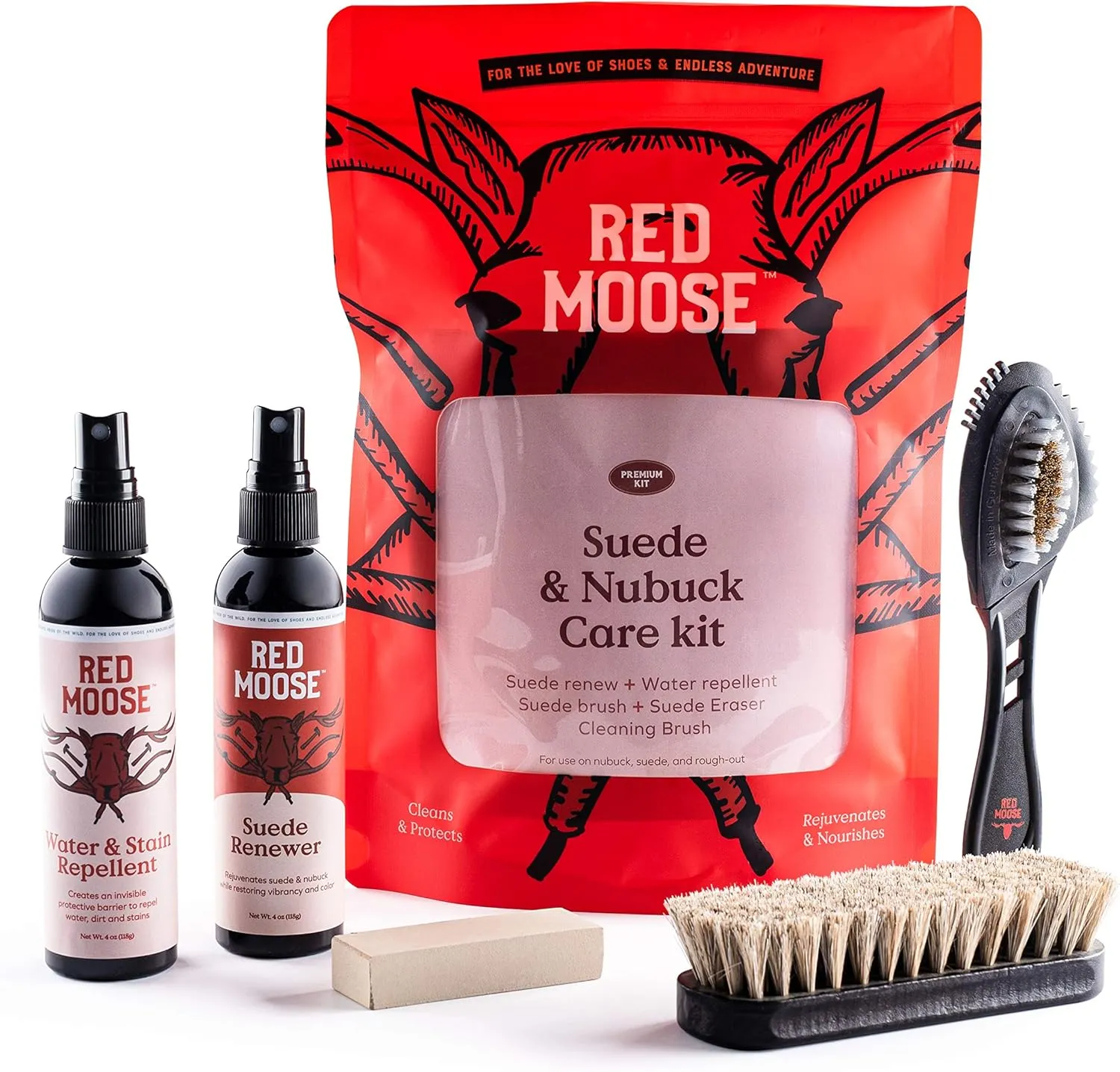 RED MOOSE Suede and Nubuck Cleaner Kit - 5pc Shoe Cleaning Set - Water & Stain Protector, Brushes