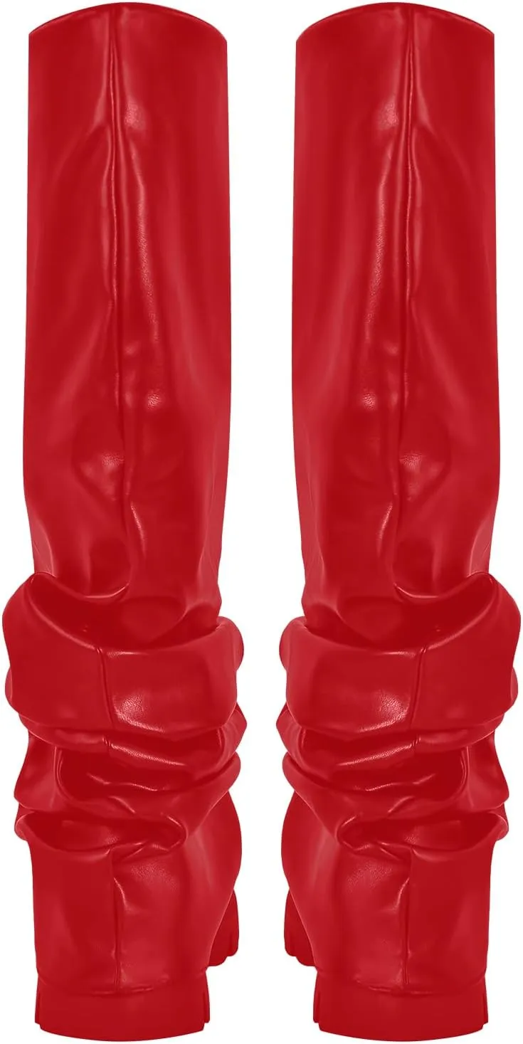 richealnini Metallic Knee High Boots for Women Round Toe Platform Heel Pull On Slouch Boots