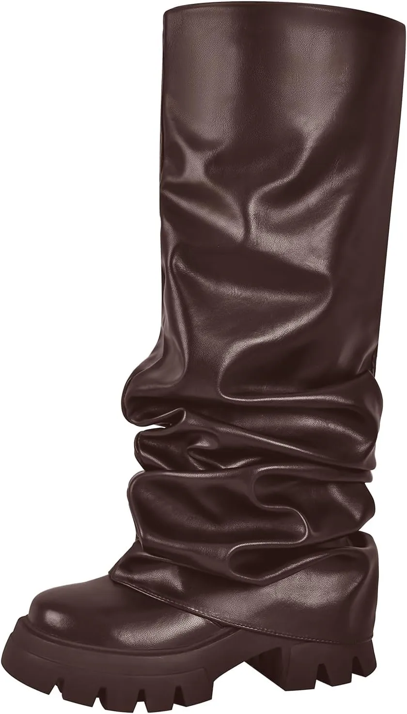richealnini Metallic Knee High Boots for Women Round Toe Platform Heel Pull On Slouch Boots