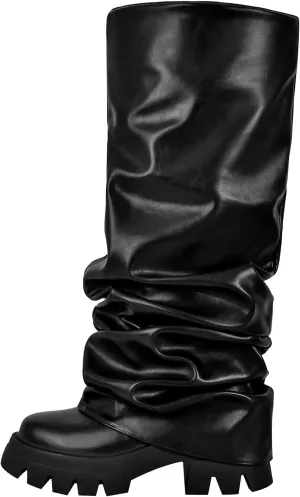 richealnini Metallic Knee High Boots for Women Round Toe Platform Heel Pull On Slouch Boots