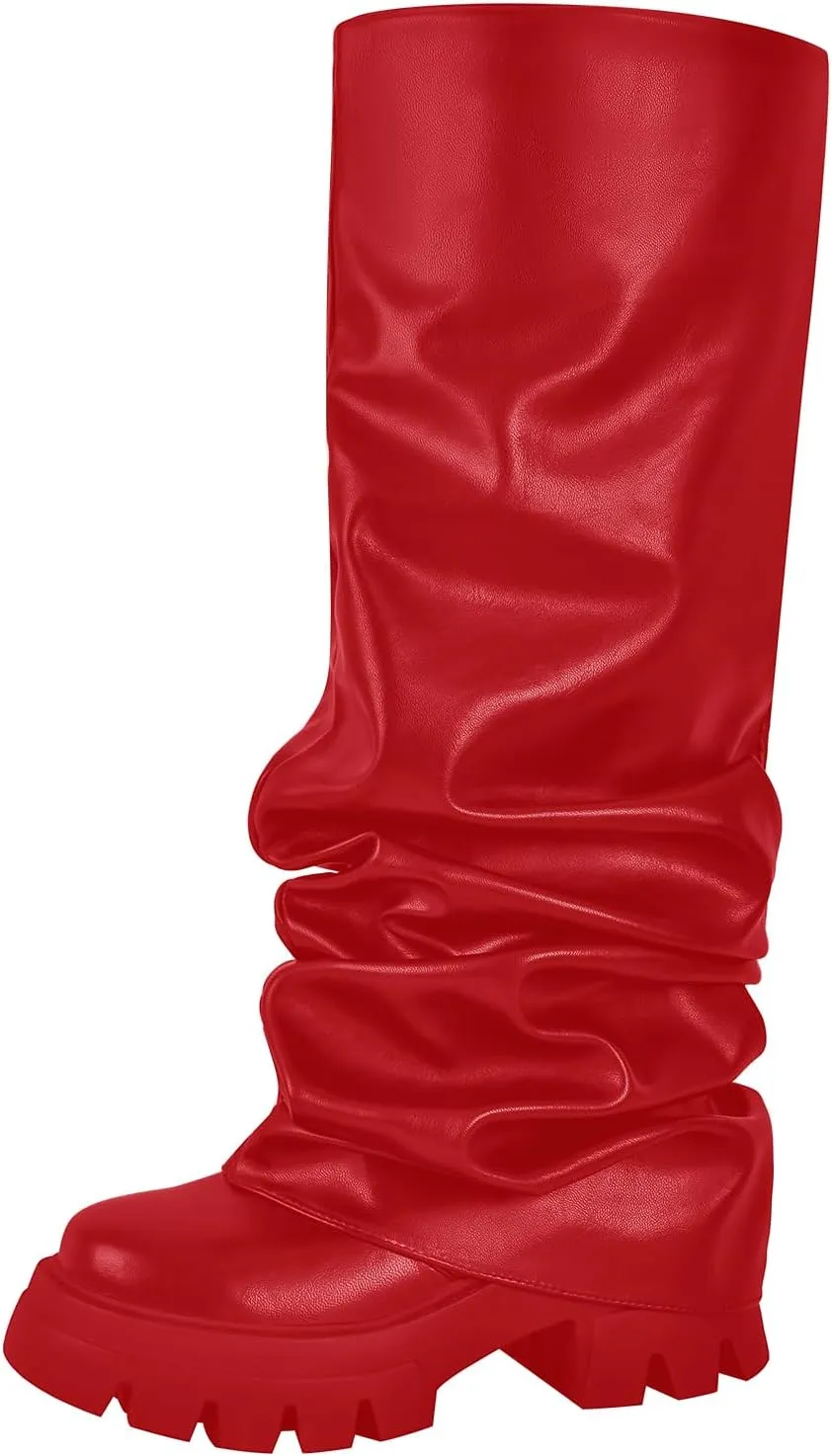 richealnini Metallic Knee High Boots for Women Round Toe Platform Heel Pull On Slouch Boots