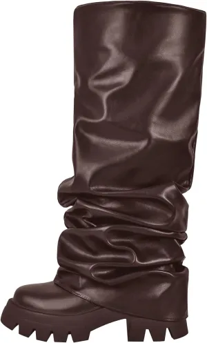 richealnini Metallic Knee High Boots for Women Round Toe Platform Heel Pull On Slouch Boots