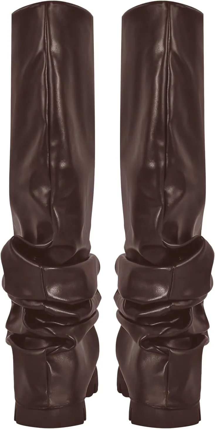 richealnini Metallic Knee High Boots for Women Round Toe Platform Heel Pull On Slouch Boots