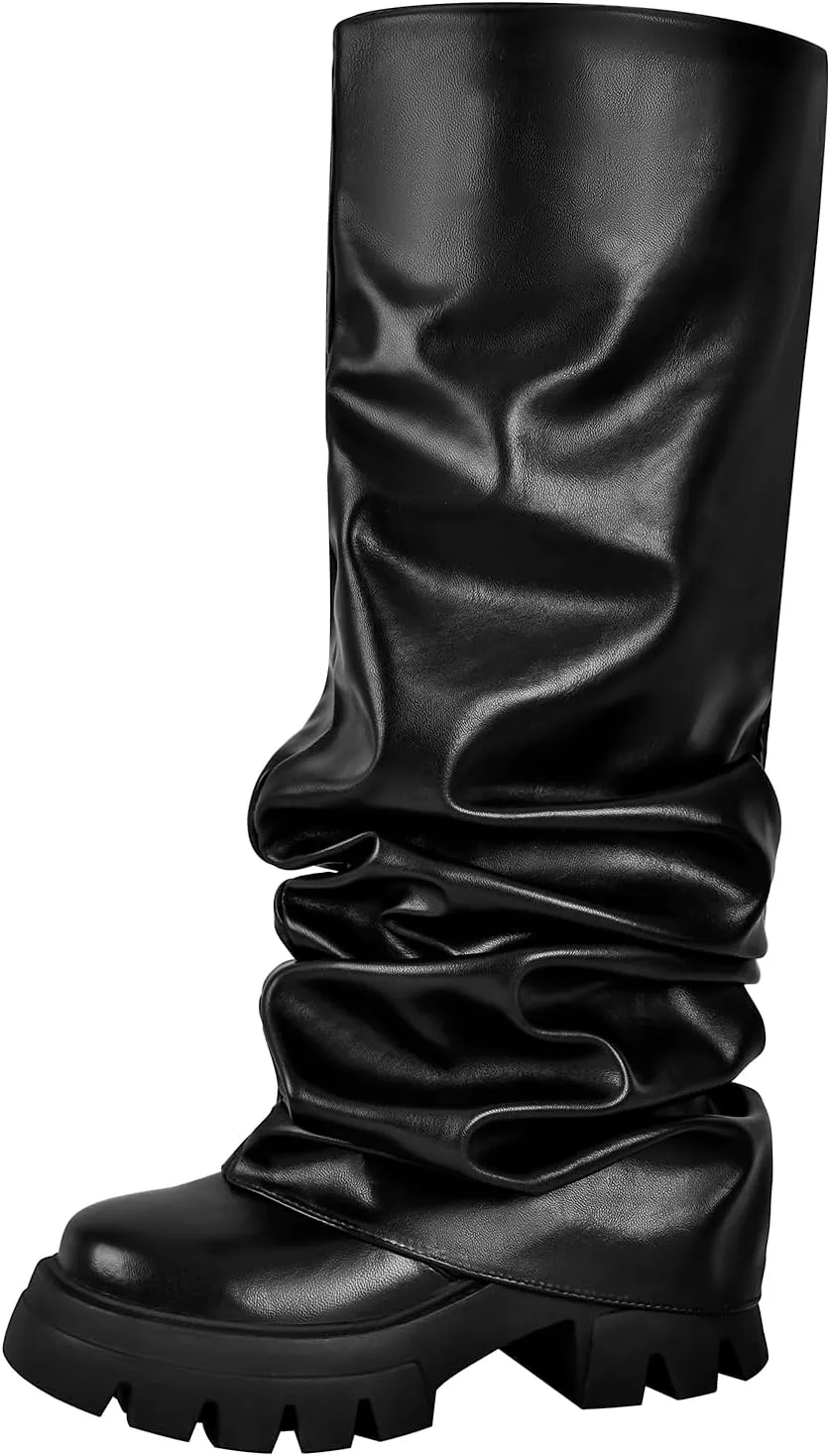 richealnini Metallic Knee High Boots for Women Round Toe Platform Heel Pull On Slouch Boots