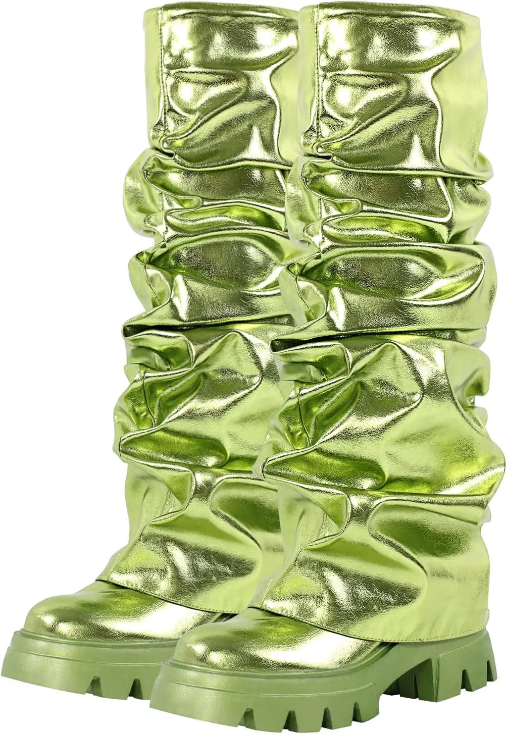 richealnini Metallic Knee High Boots for Women Round Toe Platform Heel Pull On Slouch Boots