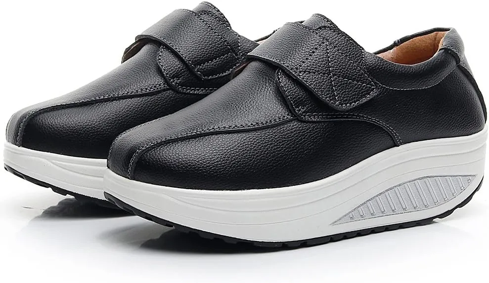 rismart Women's Wedge Rocker Fitness Comfortable Smooth Leather Fashion Sneakers
