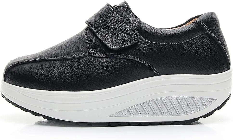 rismart Women's Wedge Rocker Fitness Comfortable Smooth Leather Fashion Sneakers