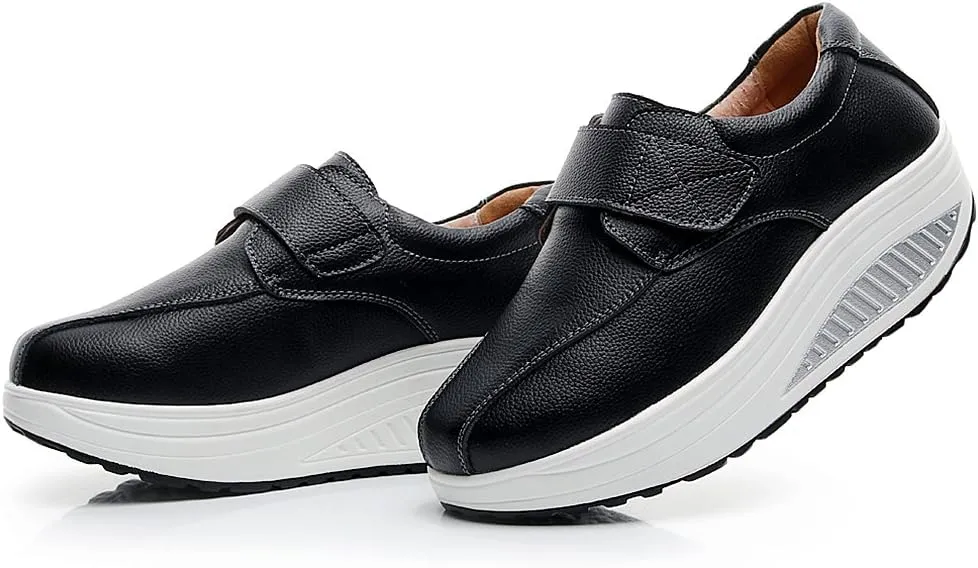 rismart Women's Wedge Rocker Fitness Comfortable Smooth Leather Fashion Sneakers