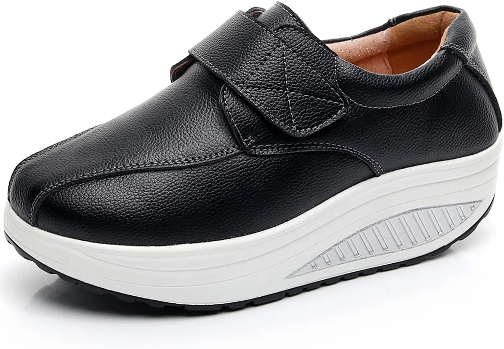 rismart Women's Wedge Rocker Fitness Comfortable Smooth Leather Fashion Sneakers