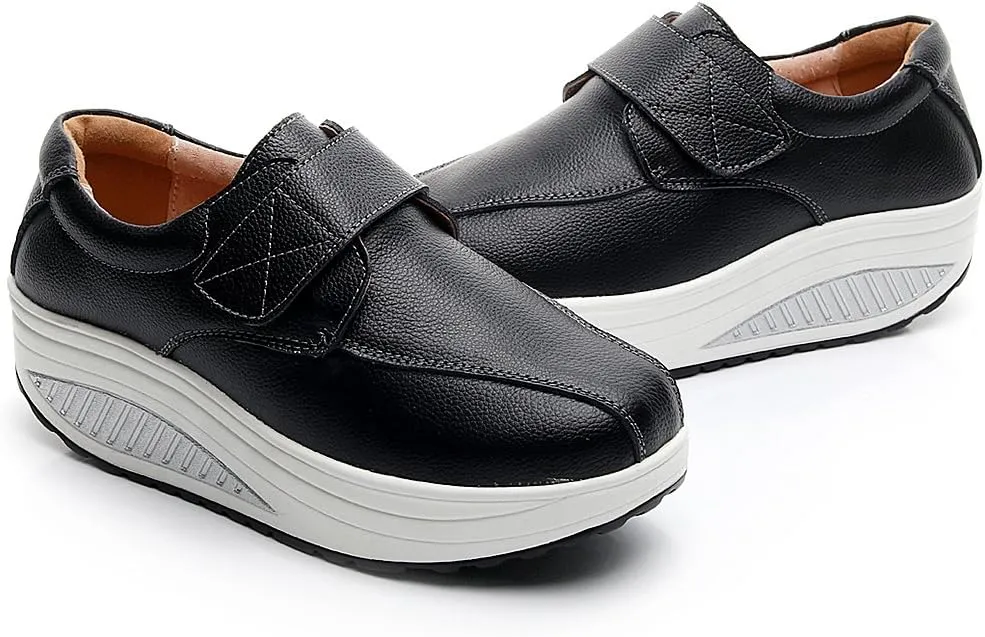 rismart Women's Wedge Rocker Fitness Comfortable Smooth Leather Fashion Sneakers