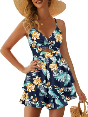 Rompers for Women Sexy Twist V Neck Spaghetti Straps Back Tie Casual Jumpsuits Dressy Floral Shorts Romper Dress