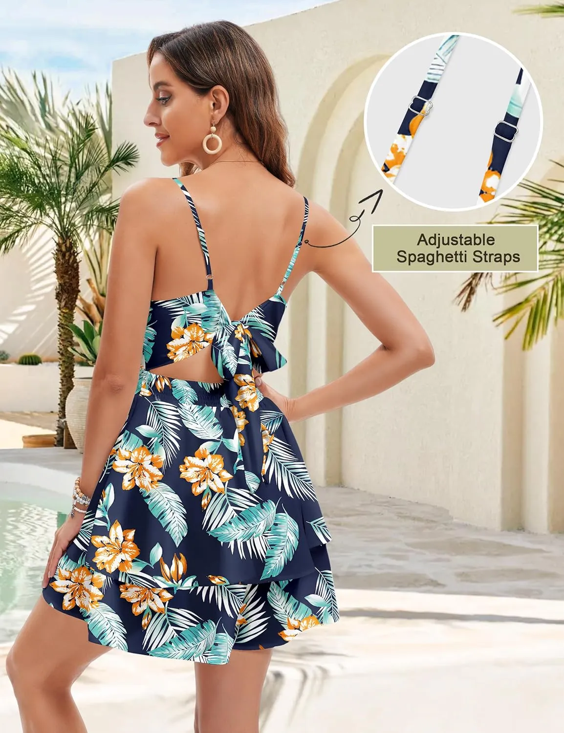 Rompers for Women Sexy Twist V Neck Spaghetti Straps Back Tie Casual Jumpsuits Dressy Floral Shorts Romper Dress