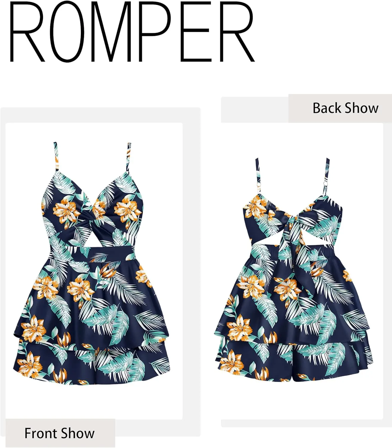 Rompers for Women Sexy Twist V Neck Spaghetti Straps Back Tie Casual Jumpsuits Dressy Floral Shorts Romper Dress