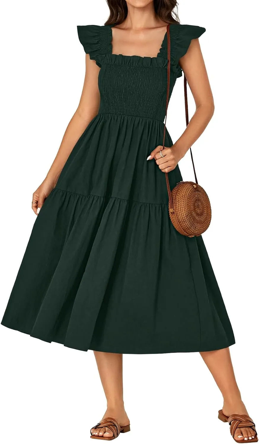 Rooscier Women's Square Neck Smocked Ruffle Sleeveless Backless Sundress A Line Midi Dress