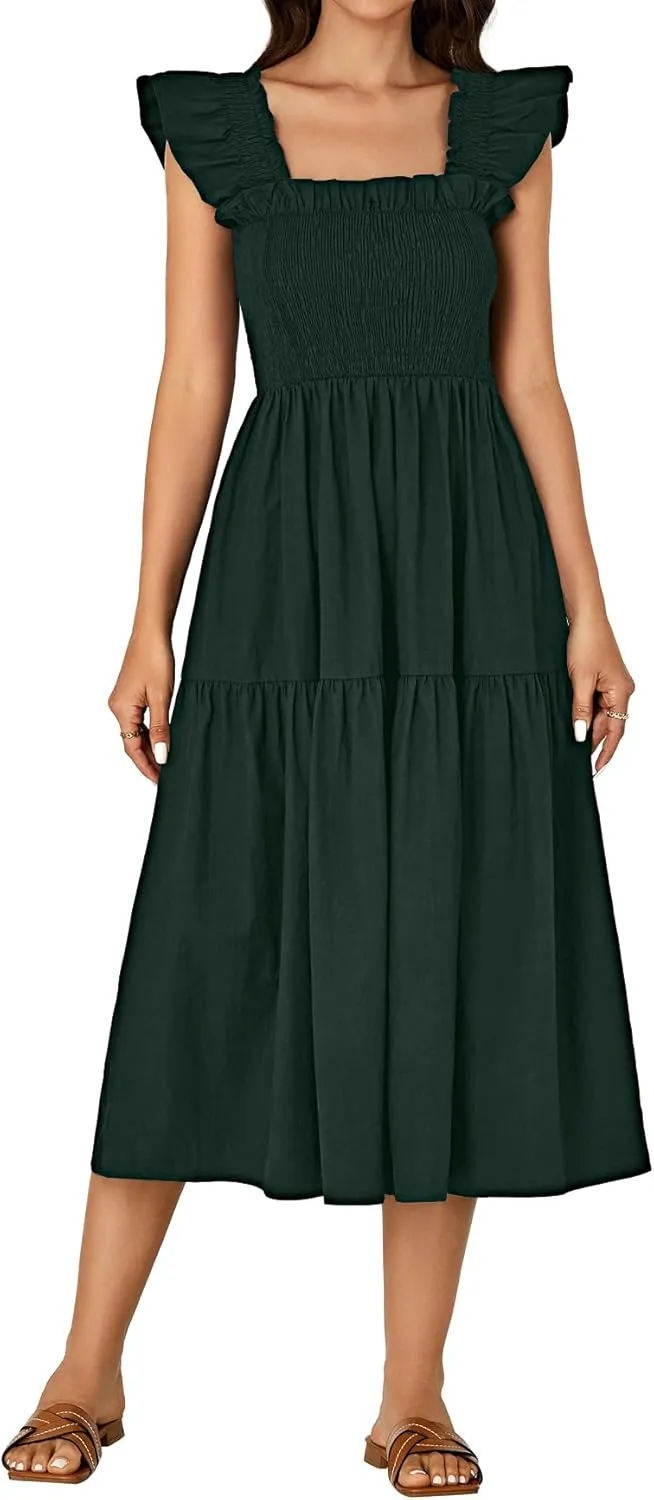 Rooscier Women's Square Neck Smocked Ruffle Sleeveless Backless Sundress A Line Midi Dress