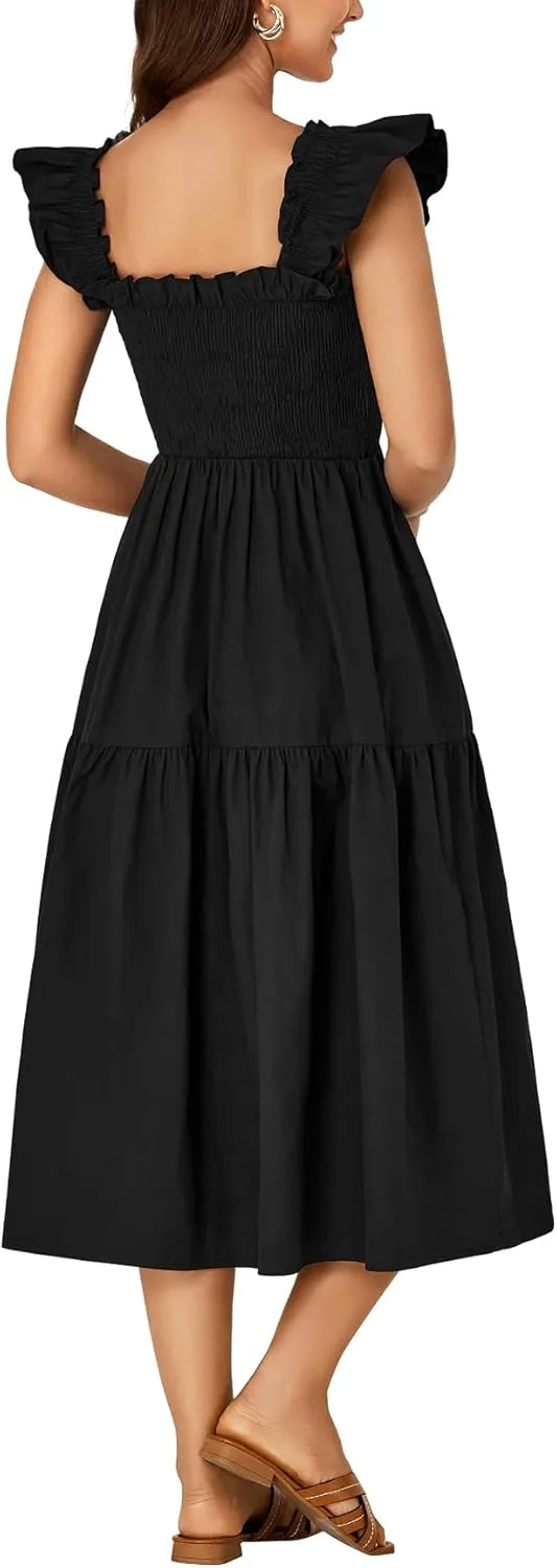 Rooscier Women's Square Neck Smocked Ruffle Sleeveless Backless Sundress A Line Midi Dress