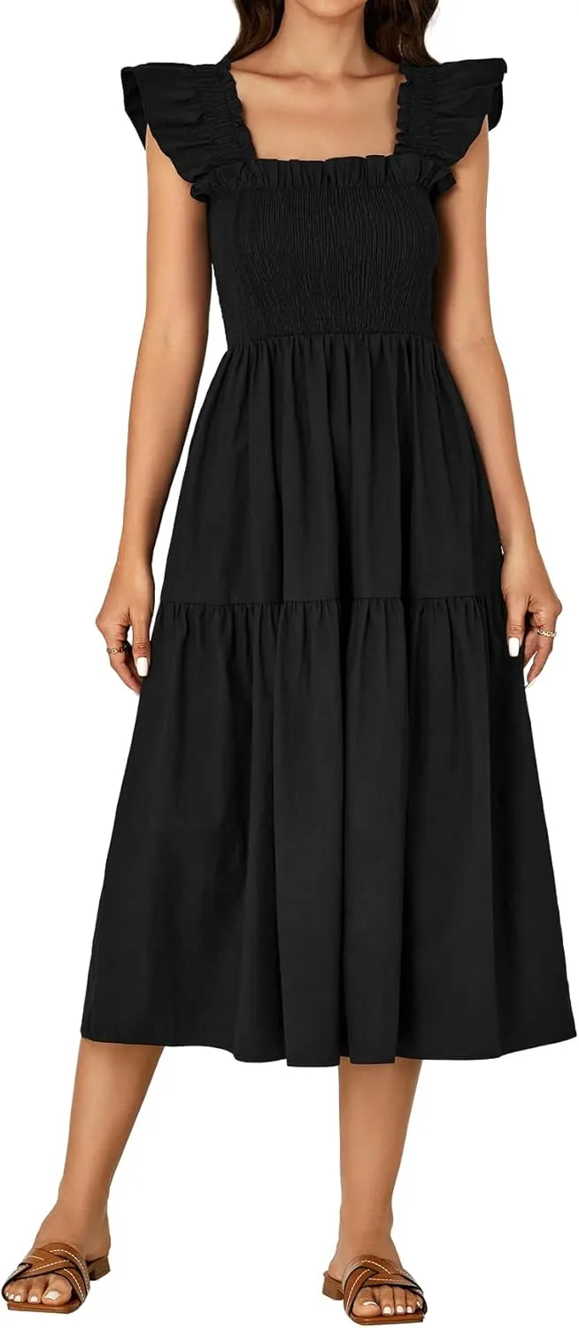 Rooscier Women's Square Neck Smocked Ruffle Sleeveless Backless Sundress A Line Midi Dress