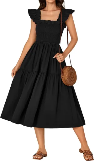 Rooscier Women's Square Neck Smocked Ruffle Sleeveless Backless Sundress A Line Midi Dress