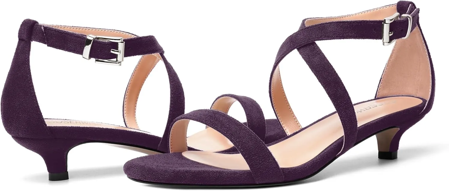ROSERWISH Womens Round Toe Wedding Suede Dress Ankle Strap Fashion Buckle Kitten Low Heel Heeled Sandals 1.5 Inch