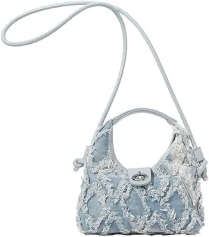 Rough Selvedge Diamond Check Denim Purse, Vintage Fringe Hobo Jean Crossbody Bag, Top Handle Crescent Underarm Shoulder Bag