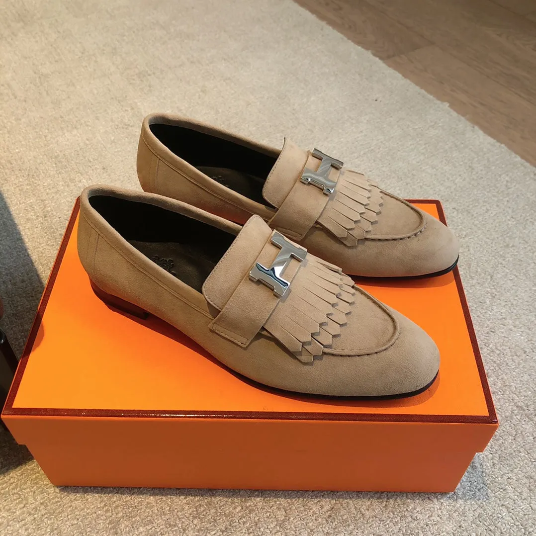 Royal Loafer Beige Suede Calfskin With Fringe Detail And Silver Signature Buckle 509436