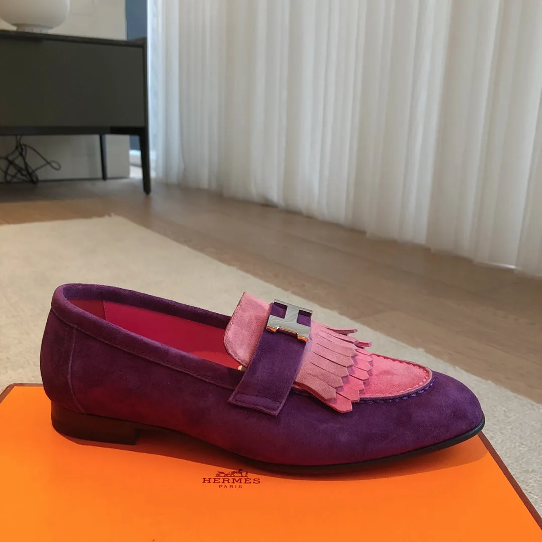 Royal Loafer Purple Mix Pink Suede Calfskin With Fringe Detail And Silver Signature Buckle 509437
