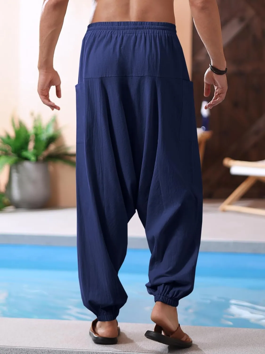 Runcati Mens Harem Pants Baggy Hippie Casual Cotton Linen Loose Boho Yoga Beach Drop Crotch Trouser