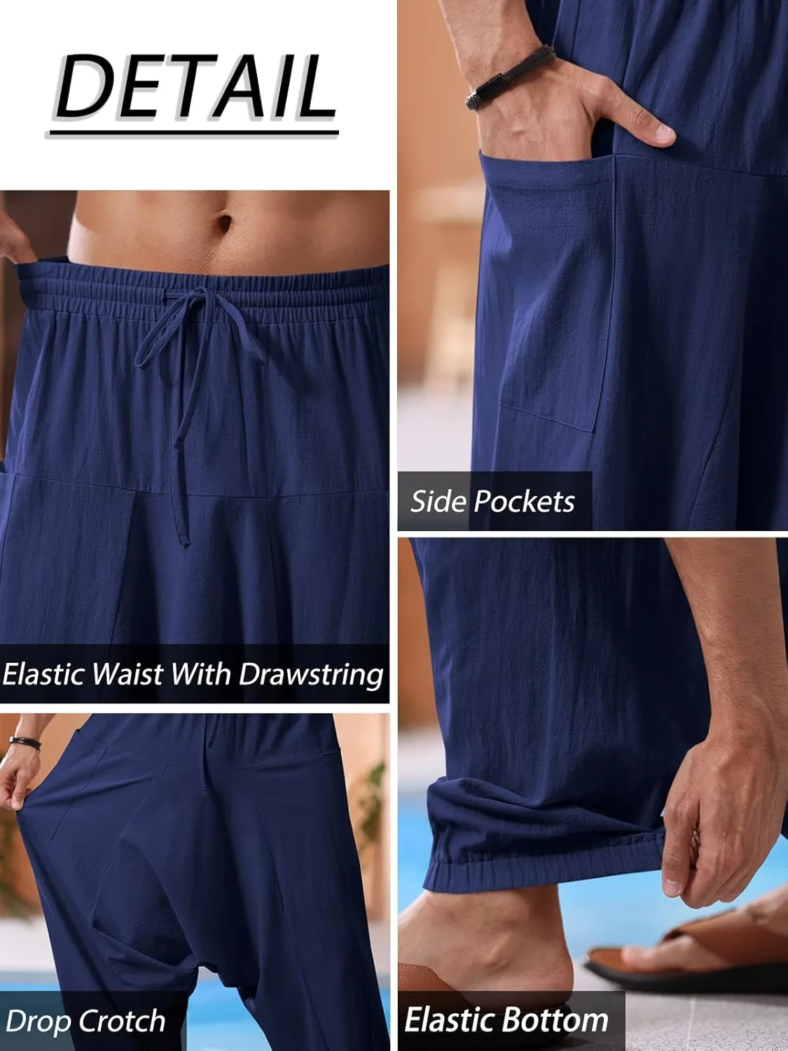 Runcati Mens Harem Pants Baggy Hippie Casual Cotton Linen Loose Boho Yoga Beach Drop Crotch Trouser